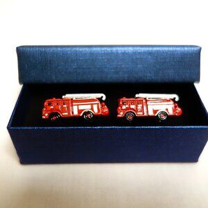 Brand New Chromed & Enameled Fire Truck First Responder 3D Cufflinks Case Silver